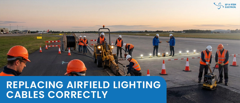 In Content Image Onsite Blog January 2026 UpNAtom Crew working on airfield ground lighting cable replacement on a runway, with safety cones, trenching equipment, and new lights set along the pavement edge.