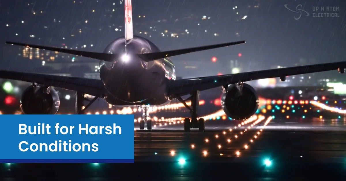 Plane on runway in heavy rain with illuminated taxiway lighting.