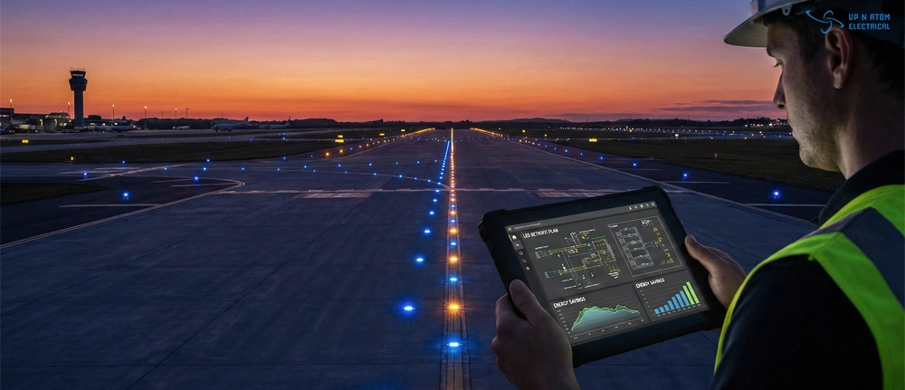 Airport Technician Monitoring Runway Lighting System Tablet An airport technician in a safety vest and hard hat monitoring lighting and system data on a digital tablet, with the runway and airport control tower visible at sunset/twilight