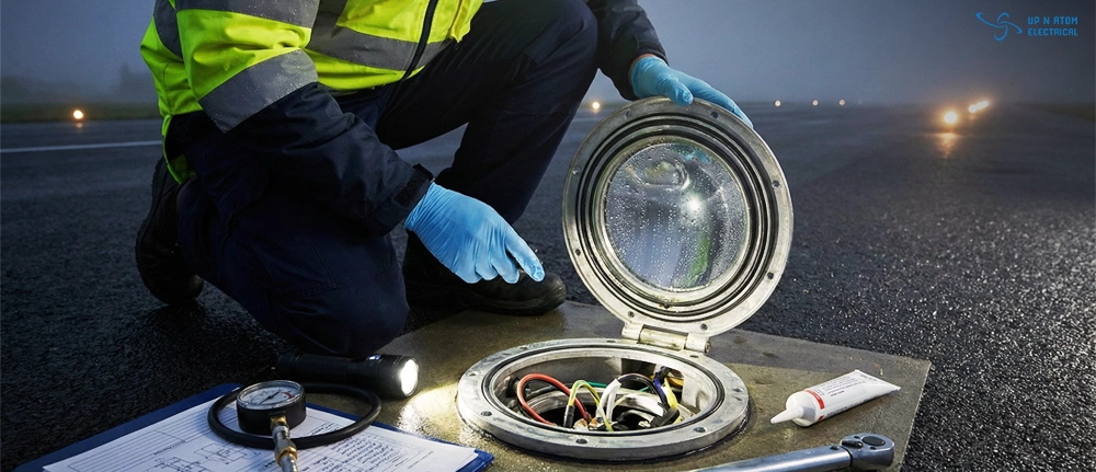 Airport Technician Maintaining Runway Light Desiccant A maintenance technician in safety gear kneeling on a wet runway, repairing an open in-ground airport light fixture, with tools, desiccant packs, and paperwork nearby in the fog or rain.