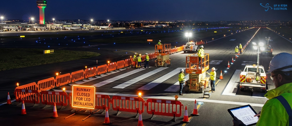 Runway Closed LED Installation Airport Maintenance Night Construction workers performing maintenance and LED light installation on an airport runway at night, with caution barriers and a control tower visible in the background.