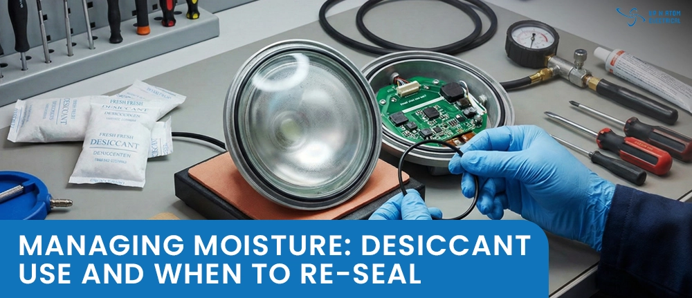 Technician Re Sealing Equipment Moisture Desiccant Close-up of a technician in blue gloves preparing to re-seal a circular equipment casing with an o-ring, with desiccant packets, tools, and a circuit board visible on the workbench