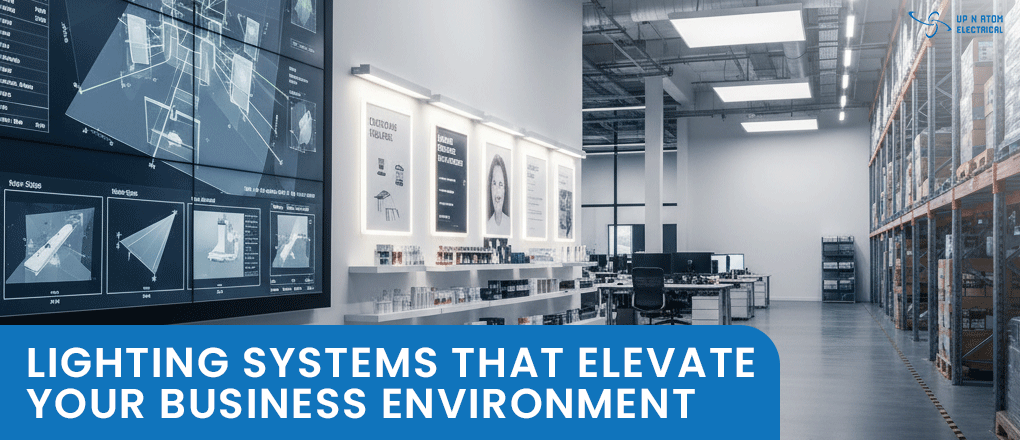 A large, modern commercial space with workstations and warehouse shelving, showcasing an effective commercial lighting system installation.