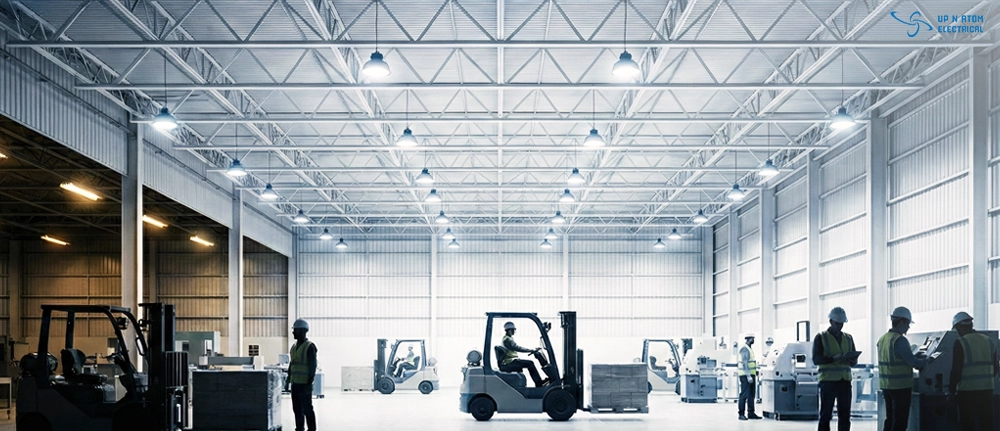 Industrial Warehouse High Bay LED Lighting Installation Wide interior view of a brightly lit industrial warehouse with high-bay LED lighting fixtures mounted on a metal truss ceiling, showing workers and forklifts in a clean, modern facility.