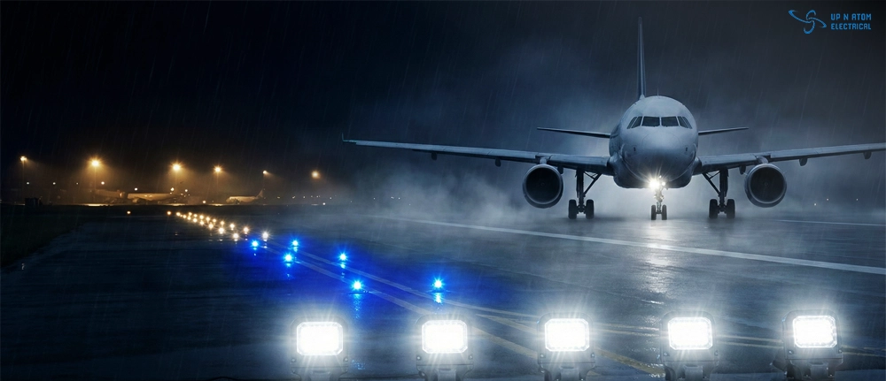 Airport Runway LED Lighting System Rainy Night Operations A commercial airplane on a wet airport runway at night, with bright white, blue, and yellow LED runway lights reflecting on the rainy surface.