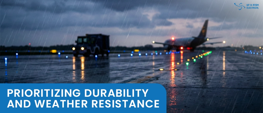 Durable Airfield Lighting in Adverse Weather Conditions Airfield runway lights glowing brightly in the rain as a service vehicle and an airplane operate on the wet tarmac at dusk.