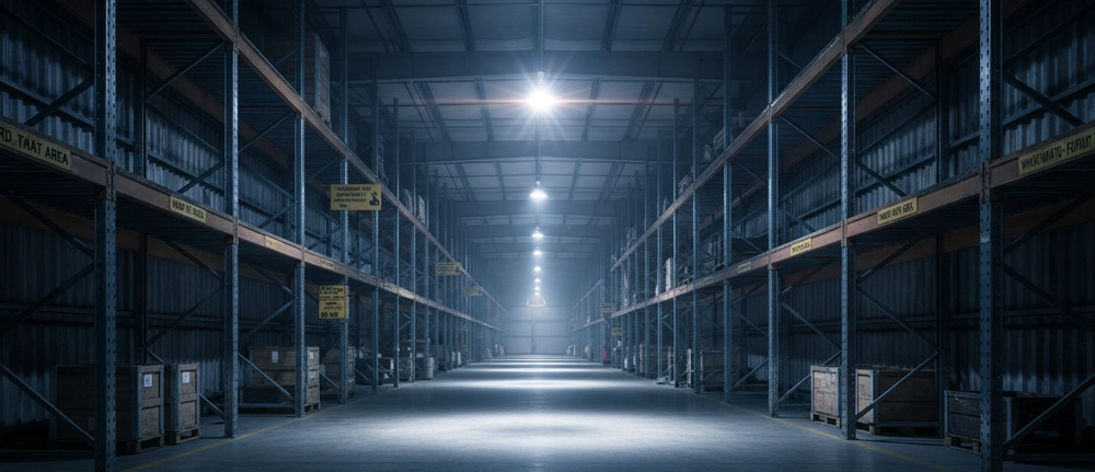 Industrial Lighting Upgrade for Warehouse Safety Warehouse aisle with dim industrial lighting and uneven light levels above storage racks